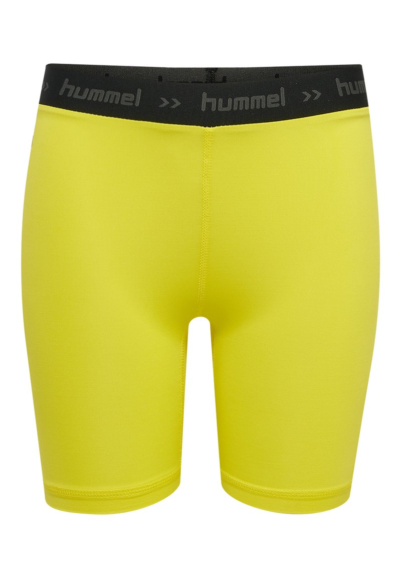 Geel sportbroekje met een zwarte tailleband waarop een logo staat. Gemaakt van glad, rekbaar materiaal, ontworpen voor comfort en flexibiliteit.