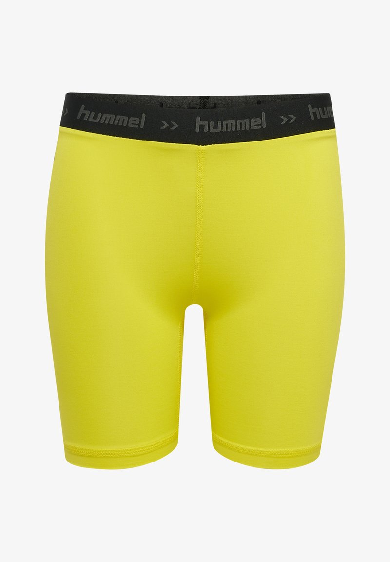 Geel sportbroekje met een zwarte tailleband waarop een logo staat. Gemaakt van glad, rekbaar materiaal, ontworpen voor comfort en flexibiliteit.
