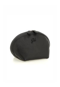 Pochette nera in pelle con forma arrotondata, finitura testurizzata e chiusura con zip dotata di due linguette. Logo impresso sul fronte.