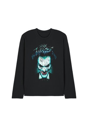 Black long-sleeve shirt with a glowing blue and white stylized Joker face and the text "The Joker" above it in sharp, edgy font.