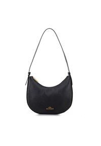 Bolso hobo de cuero negro con un acabado texturizado, hardware de cremallera dorado y una silueta curva. Presenta una sola correa larga para el hombro.