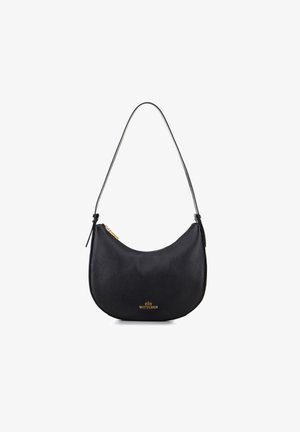 Black leather hobo bag with a textured finish, gold zipper hardware, and a curved silhouette. Features a single long shoulder strap.