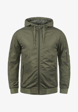 Olive green hooded jacket with a front zipper, elastic cuffs, and a zippered chest pocket. Smooth, lightweight material with a basic design.
