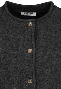 Dark gray sweater with a textured knit, featuring a round neckline, button closure, and wooden buttons. Label reads "SUBLEVEL, size M."