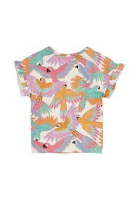 Camisa de algodón de manga corta con un estampado colorido de loro, que presenta varias formas de aves en rosa, verde, naranja y azul sobre un fondo crema.