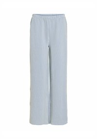 Lichtblauwe en witte gestreepte wijde broeken met een elastische tailleband en zachte, gestructureerde stof. Geen zakken of zichtbare sluitingen.