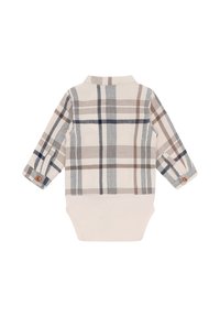 Body per neonato a maniche lunghe con un motivo a quadri beige e linee blu, marroni e grigie; dettaglio con bottoni sulle maniche; tessuto morbido.