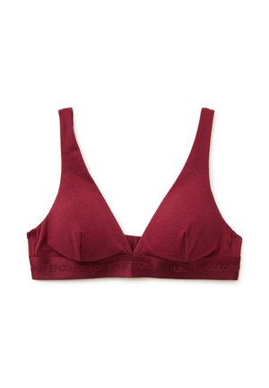 Burgundowy, bawełniany stanik w kształcie trójkąta z szerokimi ramiączkami i paskiem z wytłoczonym logo "United Colors of Benetton". Miękkie, nieusztywniane miseczki.