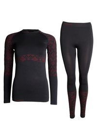 Svart långärmad termotopp och leggings med röda mönstrade detaljer. Båda plaggen har en åtsittande design och mjuk textur. Varumärket "Bagheera" visas.