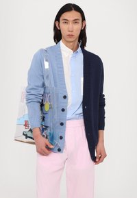 Cardigã às riscas em azul claro e marinho, abotoado, por cima de uma camisa azul. Calças xadrez em rosa pálido. Saco transparente com design gráfico e alças.