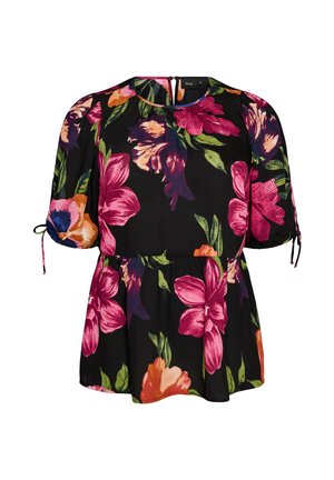 Sort bluse med lys pink, orange og lilla blomsterprint, korte puffede ærmer med bindebånd og en rynket talje.