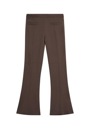 Braune, ausgestellte Hose mit glatter Textur, zwei Gesäßtaschen und Nahtdetails entlang der Beine. Reißverschluss am Bund.