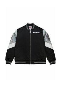 Schwarze Bomberjacke mit grauen Ärmeln und weißen Akzenten. Enthält den Schriftzug "RAIDERS", das Teamlogo auf dem Ärmel, gerippte Bündchen und einen gerippten Saum.