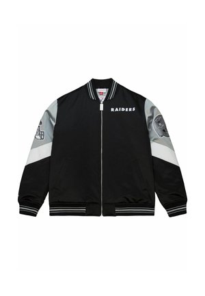 Schwarze Bomberjacke mit grauen Ärmeln und weißen Akzenten. Enthält den Schriftzug "RAIDERS", das Teamlogo auf dem Ärmel, gerippte Bündchen und einen gerippten Saum.