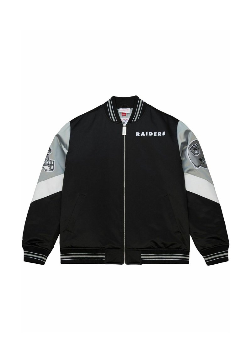 Schwarze Bomberjacke mit grauen Ärmeln und weißen Akzenten. Enthält den Schriftzug "RAIDERS", das Teamlogo auf dem Ärmel, gerippte Bündchen und einen gerippten Saum.