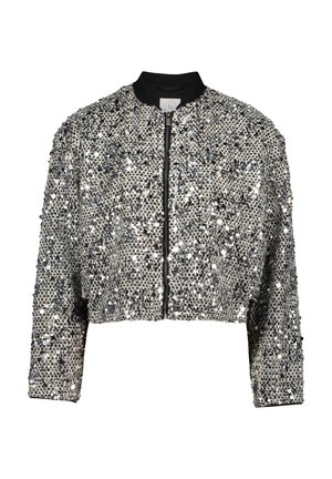 Korte bomberjack met zwarte geribbelde kraag en manchetten, bedekt met zilveren en zwarte pailletten, met een rits aan de voorkant en twee zakken.