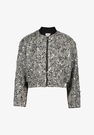 Cropped bomber jacket with black ribbed collar and cuffs, covered in silver and black sequins, featuring a front zipper and two pockets.