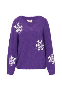 Maglione viola lavorato a maglia con scollo a V, con motivi di fiocchi di neve bianchi sulle maniche, realizzato in materiale morbido e peloso.
