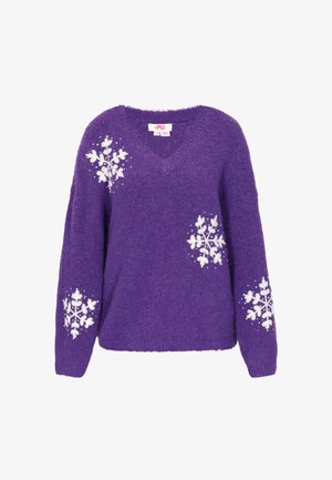 Maglione viola lavorato a maglia con scollo a V, con motivi di fiocchi di neve bianchi sulle maniche, realizzato in materiale morbido e peloso.
