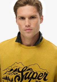 Sudadera amarilla con un gráfico de montaña y texto negro, superpuesta sobre una camisa de cuadros en verde oscuro. Textura suave, diseño casual.