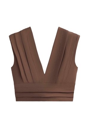 Brown sleeveless V-neck crop top with vertical pleats and a wide banded hem detail.