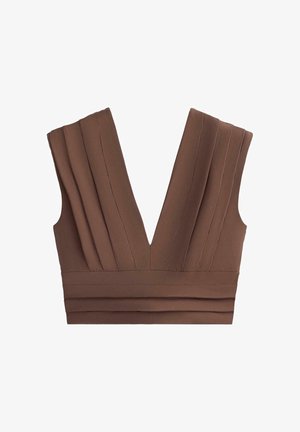 Brown sleeveless V-neck crop top with vertical pleats and a wide banded hem detail.