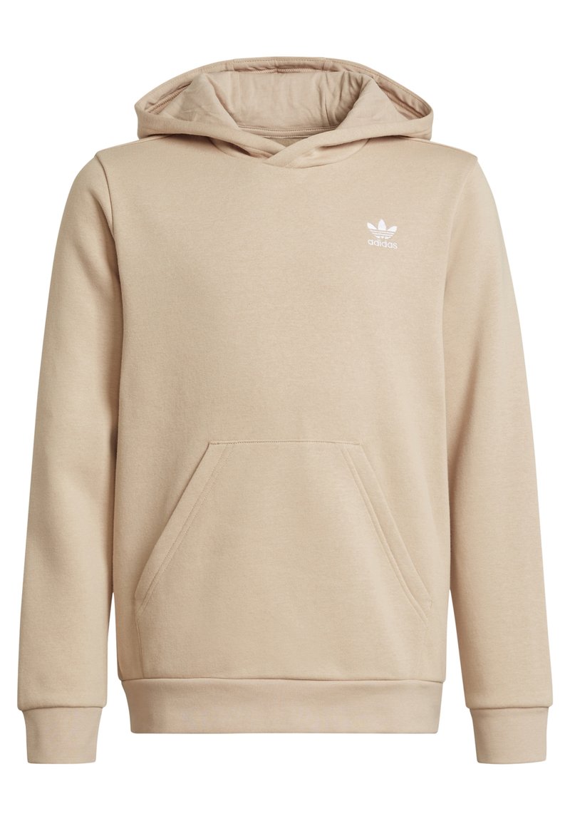 Beige hooded sweatshirt made from soft fabric, featuring a kangaroo pocket and embroidered white Adidas logo on the chest.