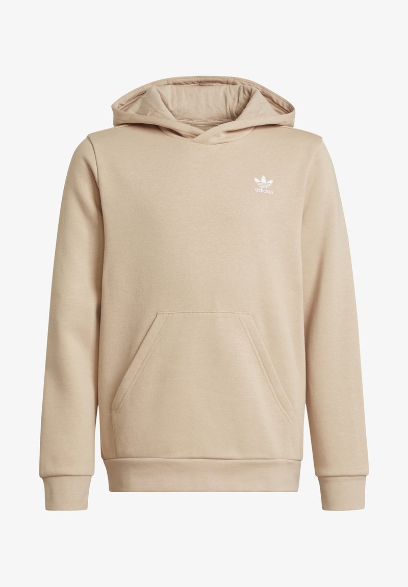 Beige hooded sweatshirt made from soft fabric, featuring a kangaroo pocket and embroidered white Adidas logo on the chest.