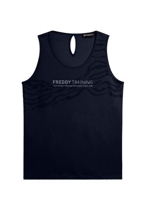 Top d'entraînement noir sans manches avec le texte « FREDDY TRAINING » et un motif ondulé à pois sur la poitrine, avec une découpe en forme de trou de serrure dans le dos au niveau de l'encolure.