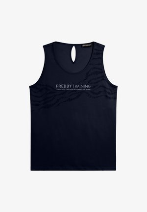 Top da allenamento nero senza maniche con la scritta "FREDDY TRAINING" e motivo ondulato a pois sul petto, caratterizzato da un'apertura a chiave sulla scollatura posteriore.