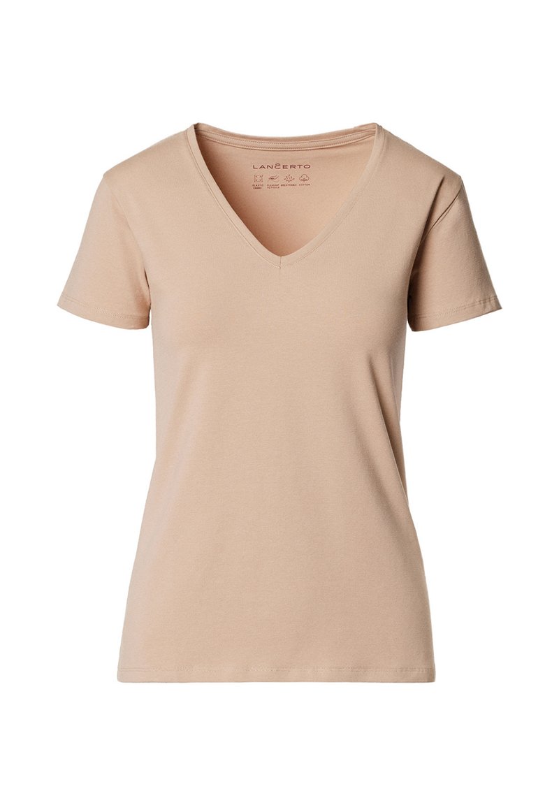 Beżowa koszulka z dekoltem w serek wykonana z miękkiej bawełny, z krótkimi rękawami i luźnym krojem. Prosty design, bez ozdób i wzorów.