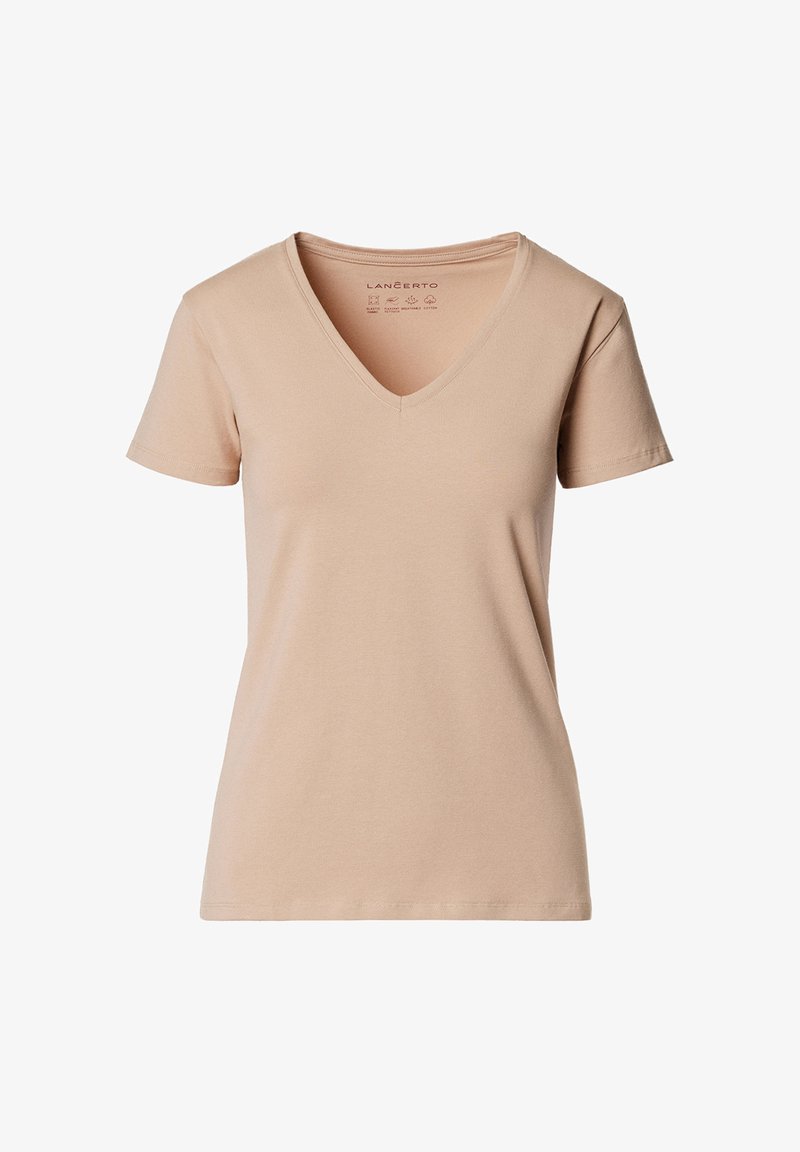 Beżowa koszulka z dekoltem w serek wykonana z miękkiej bawełny, z krótkimi rękawami i luźnym krojem. Prosty design, bez ozdób i wzorów.