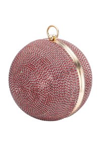 Runde Abendtasche, bedeckt mit roten Kristallen, mit goldenem Metallverschluss und -verzierung.