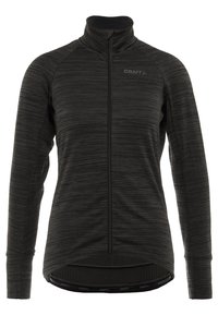 Svart långärmad cykeljacka i texturerad, fukttransporterande tyg; har en hel dragkedja och hög krage. Varumärkeslogotyp på bröstet.