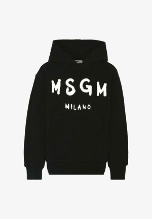 Hoodie noir avec lettrage blanc MSGM MILANO dans un style audacieux et en coups de pinceau. Doté d'une poche kangourou et de poignets côtelés.