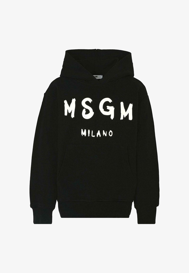 Felpa nera con lettering bianco MSGM MILANO in uno stile audace e a pennellate. Presenta una tasca a marsupio e polsini a coste.