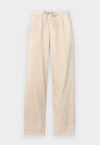 Jasnobeżowe sztruksowe spodnie z elastycznym pasem i sznurkiem do regulacji. Posiadają pionową teksturę prążków i prosty krój nogawek.