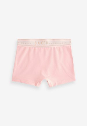 Ružové bavlnené šortky s jemnou textúrou, s krémovým pásom s embosovaným nápisom "BAKER by TED BAKER" v zlatej farbe.