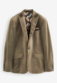 Beige Wildleder-Blazer mit Reverskragen, zwei Vorderseiten- Taschen und einem gemusterten Innenfutter. Verfügt über einen einfachen Knopfverschluss und ein dekoratives Einstecktuch.