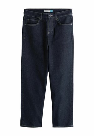 Jean denim bleu foncé à jambes droites avec poches avant, fermeture à bouton et coutures apparentes sur fond blanc.
