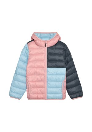 Kurtka puchowa z blokowym wzorem w pastelowych kolorach: różowym, jasnoniebieskim i ciemnoniebieskim. Wyposażona w kaptur i przedni zamek błyskawiczny.