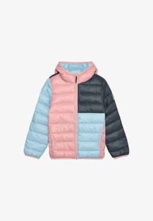 Kurtka puchowa z blokowym wzorem w pastelowych kolorach: różowym, jasnoniebieskim i ciemnoniebieskim. Wyposażona w kaptur i przedni zamek błyskawiczny.
