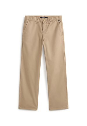 Beige rechte broek met riemlussen, knoopsluiting, zijzakken en een klein Vans-logo label bij de rechterzak.