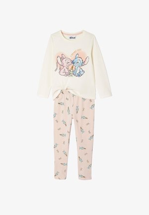 Light cream long-sleeve top with graphic design of cartoon characters, paired with pink leggings featuring a repeated pattern of characters.