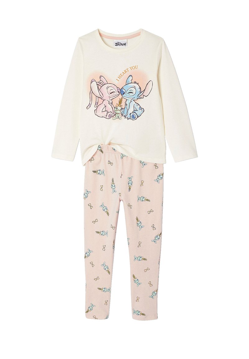 Helles Cremefarbenes Langarmoberteil mit grafischem Design von Cartoonfiguren, kombiniert mit rosa Leggings, die ein wiederholtes Muster von Figuren zeigen.