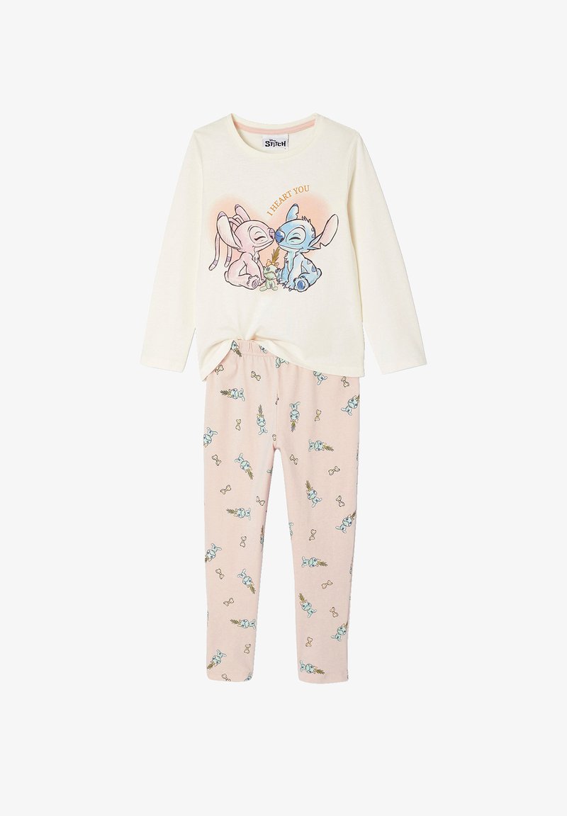 Light cream long-sleeve top with graphic design of cartoon characters, paired with pink leggings featuring a repeated pattern of characters.