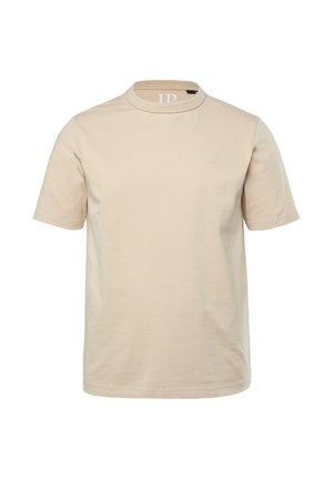 T-shirt in cotone beige con colletto rotondo, maniche corte e discreto logo sul petto. Tessuto morbido, vestibilità classica e senza motivi.