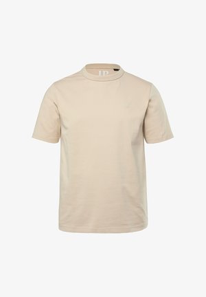 T-shirt in cotone beige con colletto rotondo, maniche corte e discreto logo sul petto. Tessuto morbido, vestibilità classica e senza motivi.