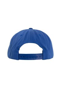 Cappellino da baseball in cotone blu con visiera curva, cinturino in plastica regolabile e dettagli di cucitura sul retro, caratterizzato da un design a tinta unita.