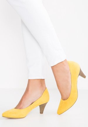 Yellow suede pumps with a pointed toe and a tapered wooden heel, worn with white cropped pants, showcasing a sleek and simple design.